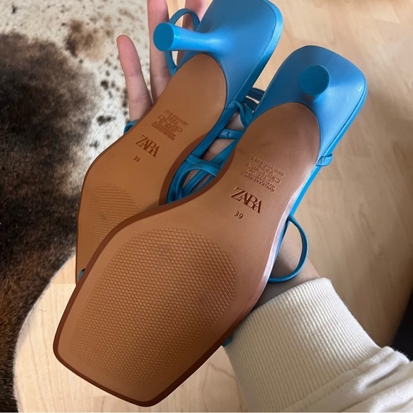 ZARA Blue Leather Strappy Square Toe Heeled‎ Size 39 US 8 - Picture 5 of 7